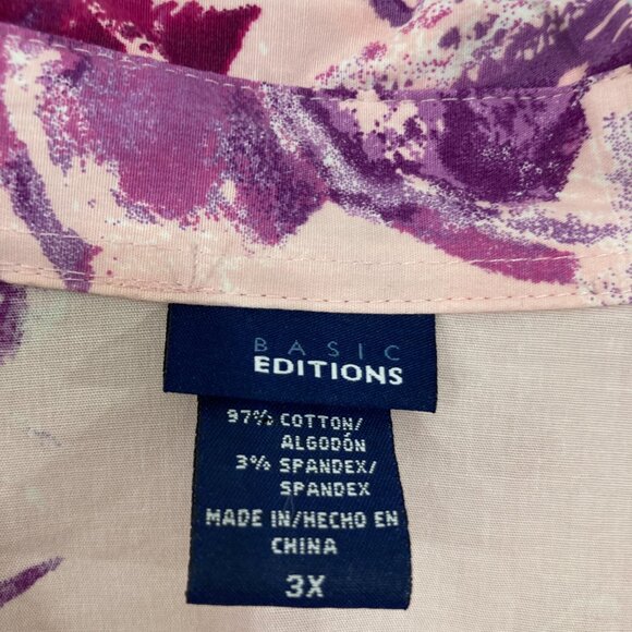 Basic Editions size 3X Pink Purple Floral 3/4 Sleeve Baby Doll Button Up Preppy - Picture 2 of 9
